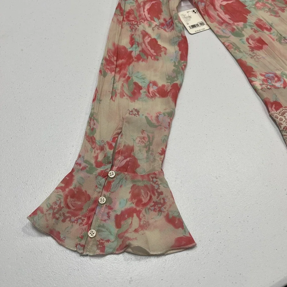 Free People Top Ivory Pink Floral‎ Ruffle Button Down Size M Victorian Feminine
